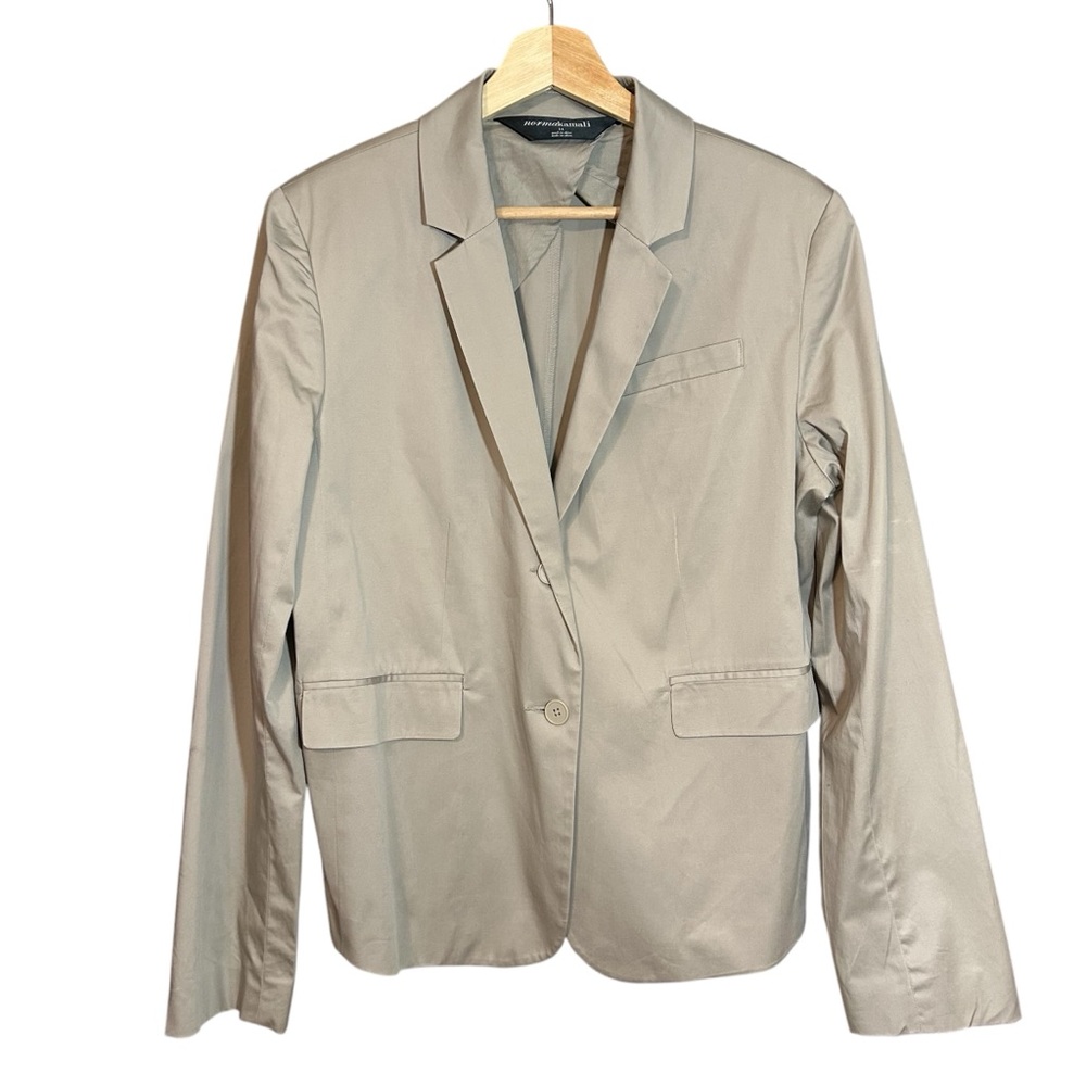 Norma Kamali 2-Button Blazer Jacket Notched Lapels Pockets Stretch Lt Gray Sz 14